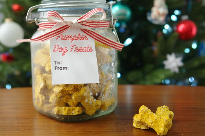 homemade dog treats in jar in front of christmas tree