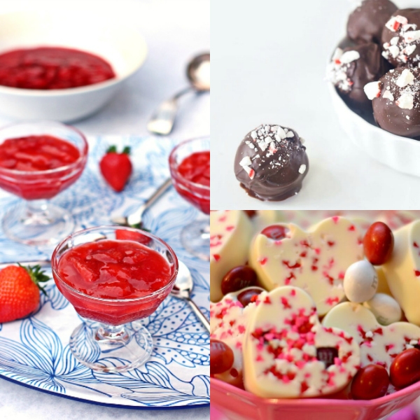 Collage of red and white desserts