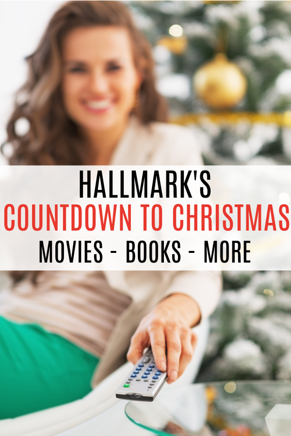 Woman in front of Christmas tree with remote with text Hallmark's Countdown to Christmas 