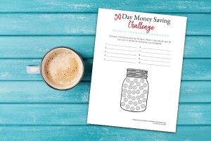 cup of coffee and money saving challenge worksheet on turquoise wooden table top