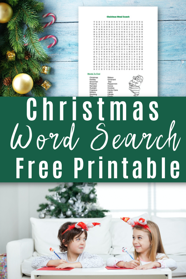 Christmas word search on blue wooden background and kids at table with worksheets