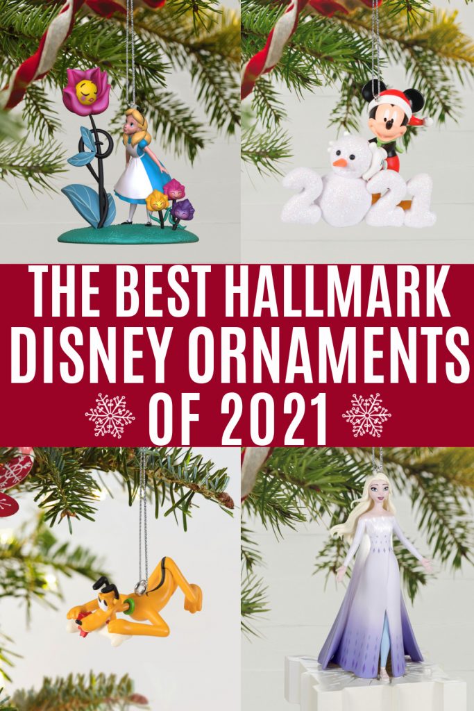 collage of Hallmark Disney ornaments in a tree