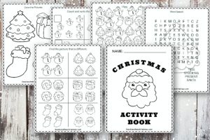 christmas activity book pages on wooden snowy background