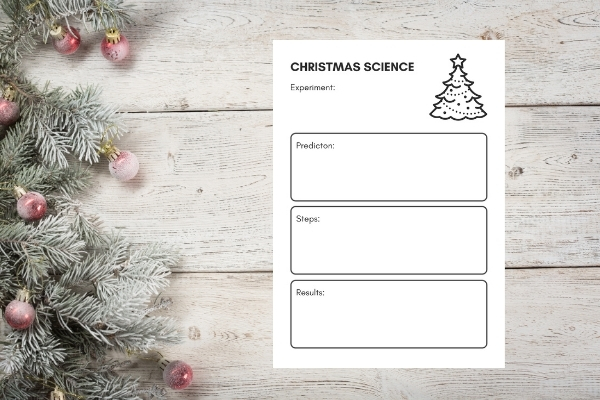 christmas science experiment worksheet on white wooden table with evergreen trimmings and red ornaments