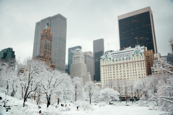 Central Park winter with skyscrapers in midtown Manhattan New York City