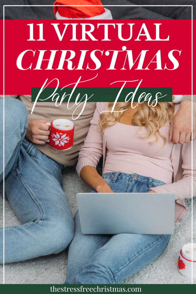 couple sitting on floor with laptop and text overlay 11 virtual christmas party ideas