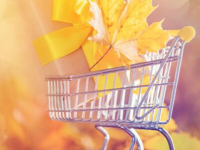 shopping cart with fall leaf and gift in it