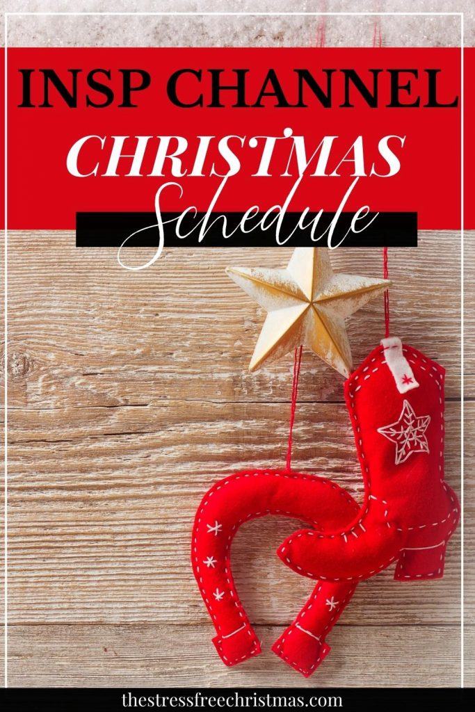 western christmas ornaments on wooden background with text insp channel christmas schedule