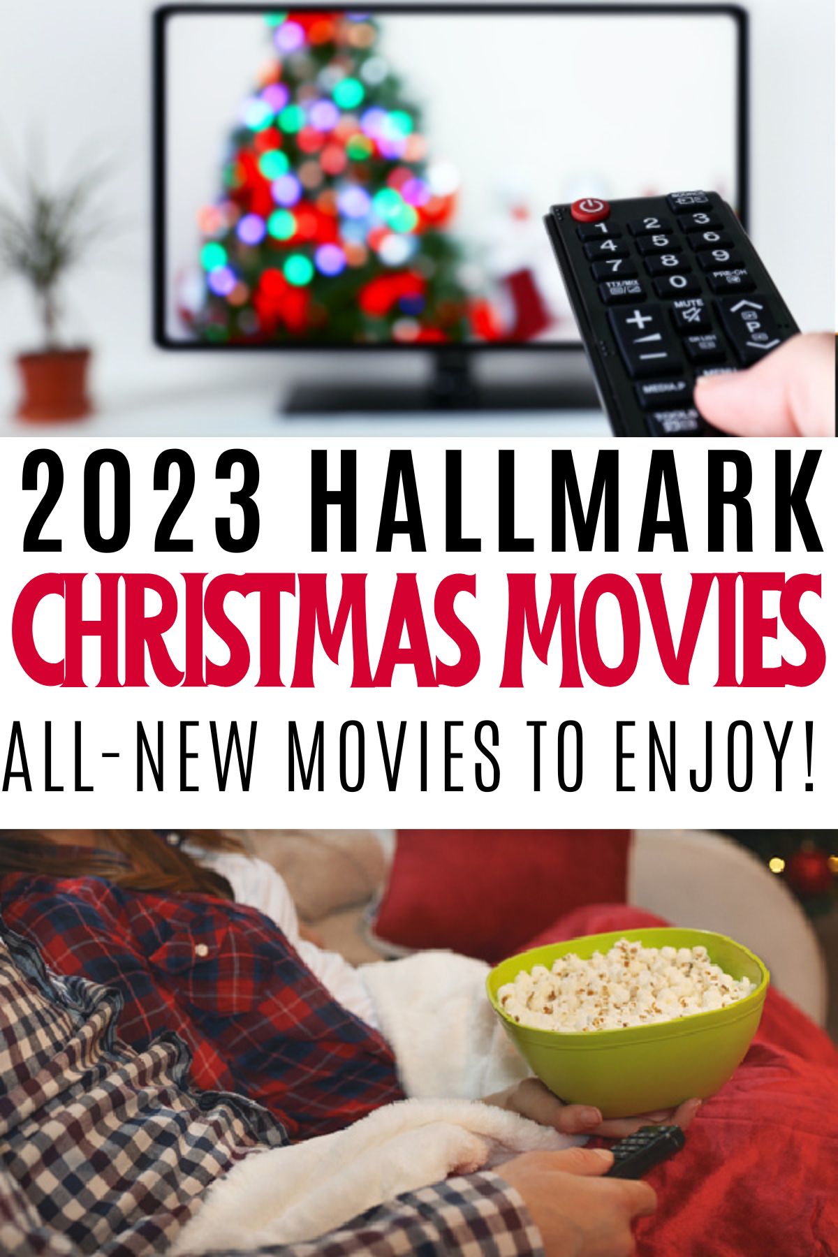 person pointing remote at tv with christmas movie on screen and people on sofa with popcorn