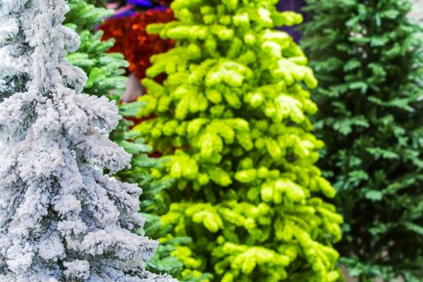 artificial christmas trees close up