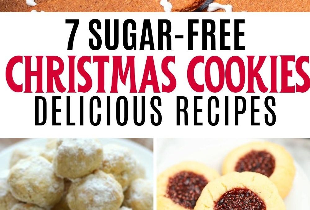 collage with sugar-free gingerbread men, snowball cookies, thumbprint cookies, red cookies, and peanut butter cookies with text 7 sugar-free christmas cookies delicious recipes