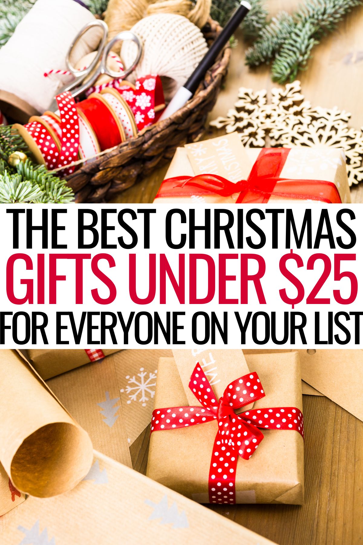 Christmas gifts on table with text the best christmas gifts under $25 for everyone on your list