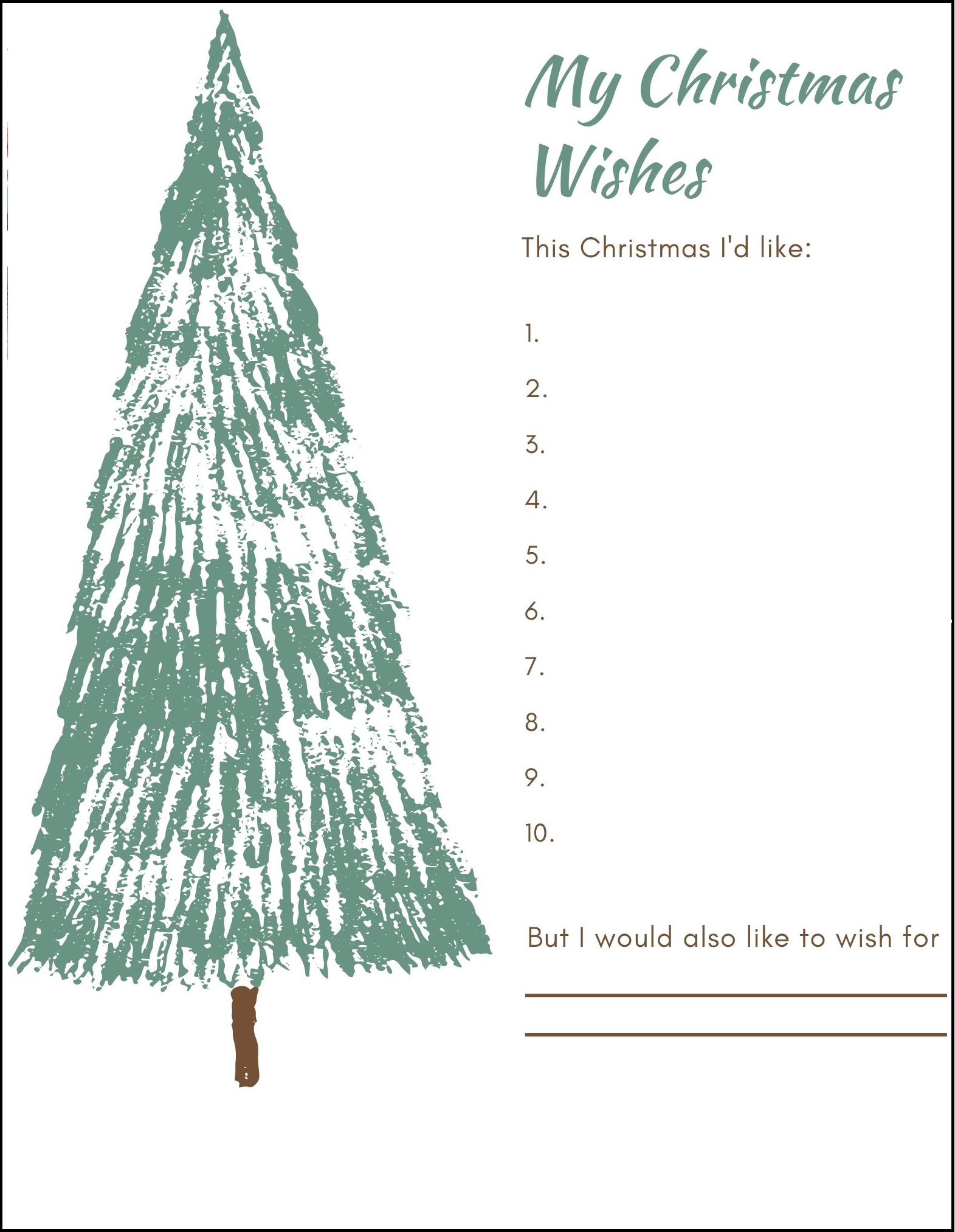 Christmas wish list with large tree drawing on the side
