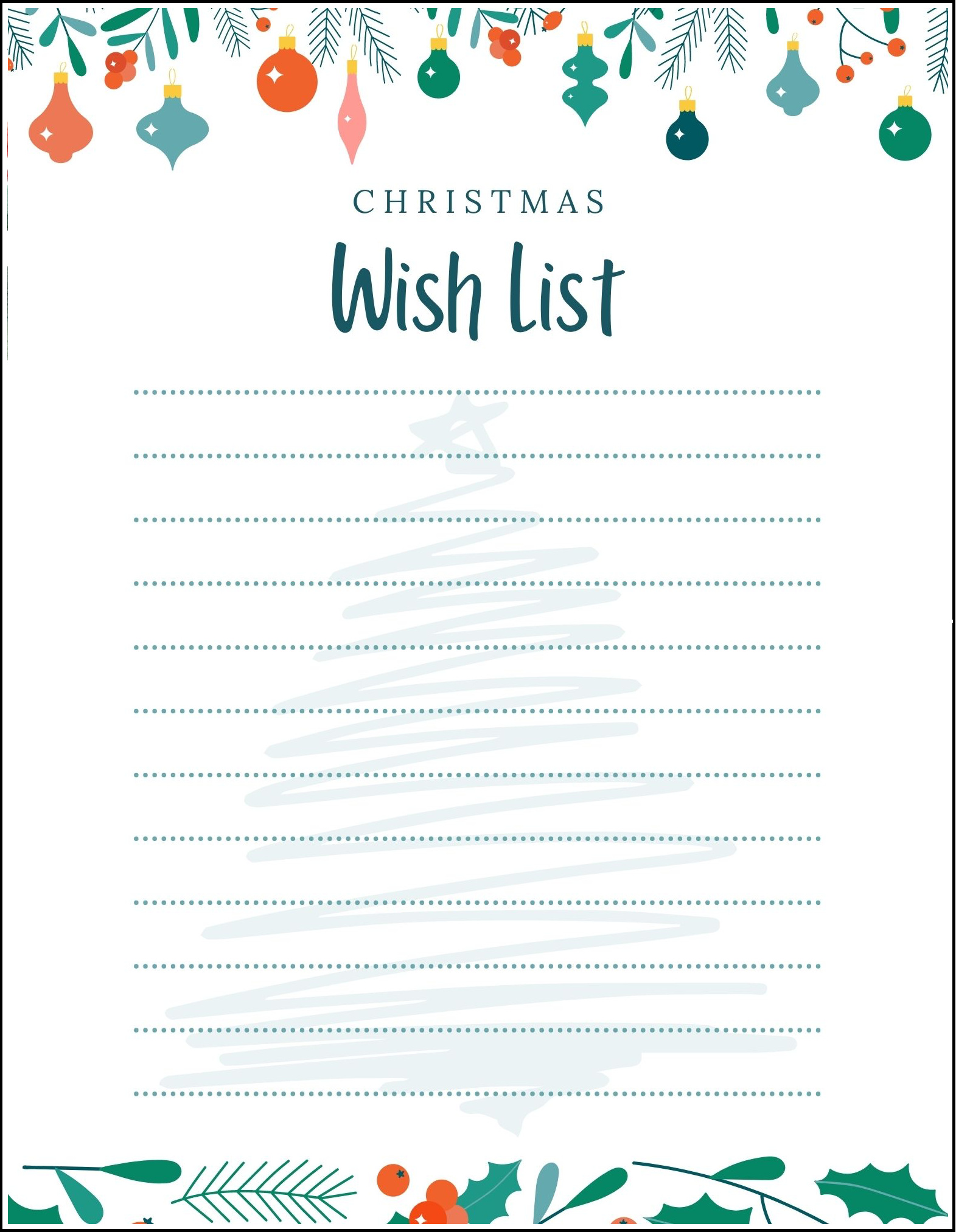 christmas wish list with tree in background and ornament boarder
