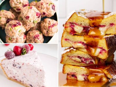 collage with cranberry meatballs, cranberry pie, and cranberry French toast