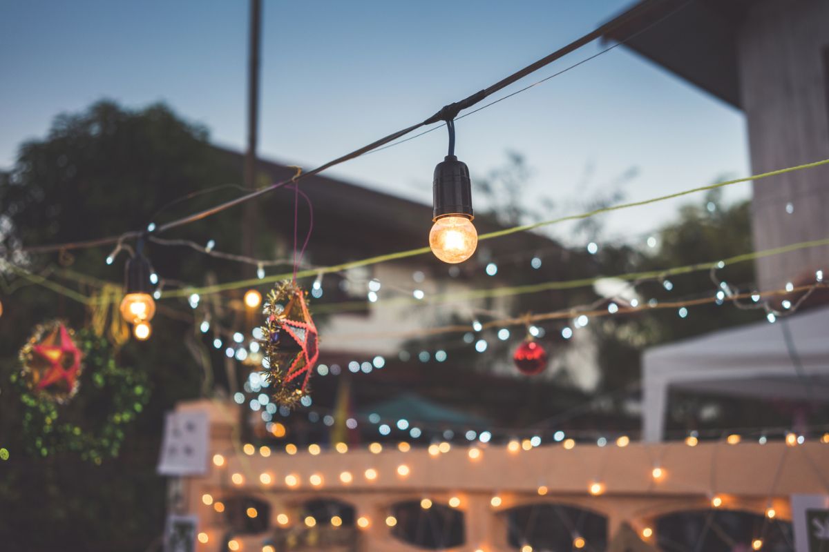 Christmas lights and decorations in backyard