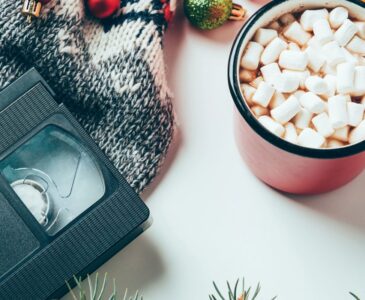 vhs tape on table with hot chocolate