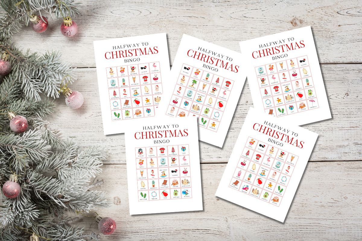 halfway to christmas bingo cards on christmas table