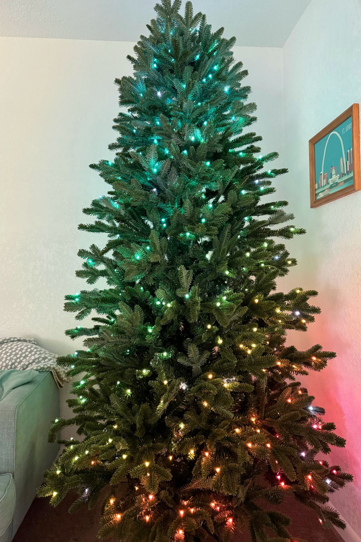 Full view of Balsam Hill Fraser Fir Tree with rainbow lights