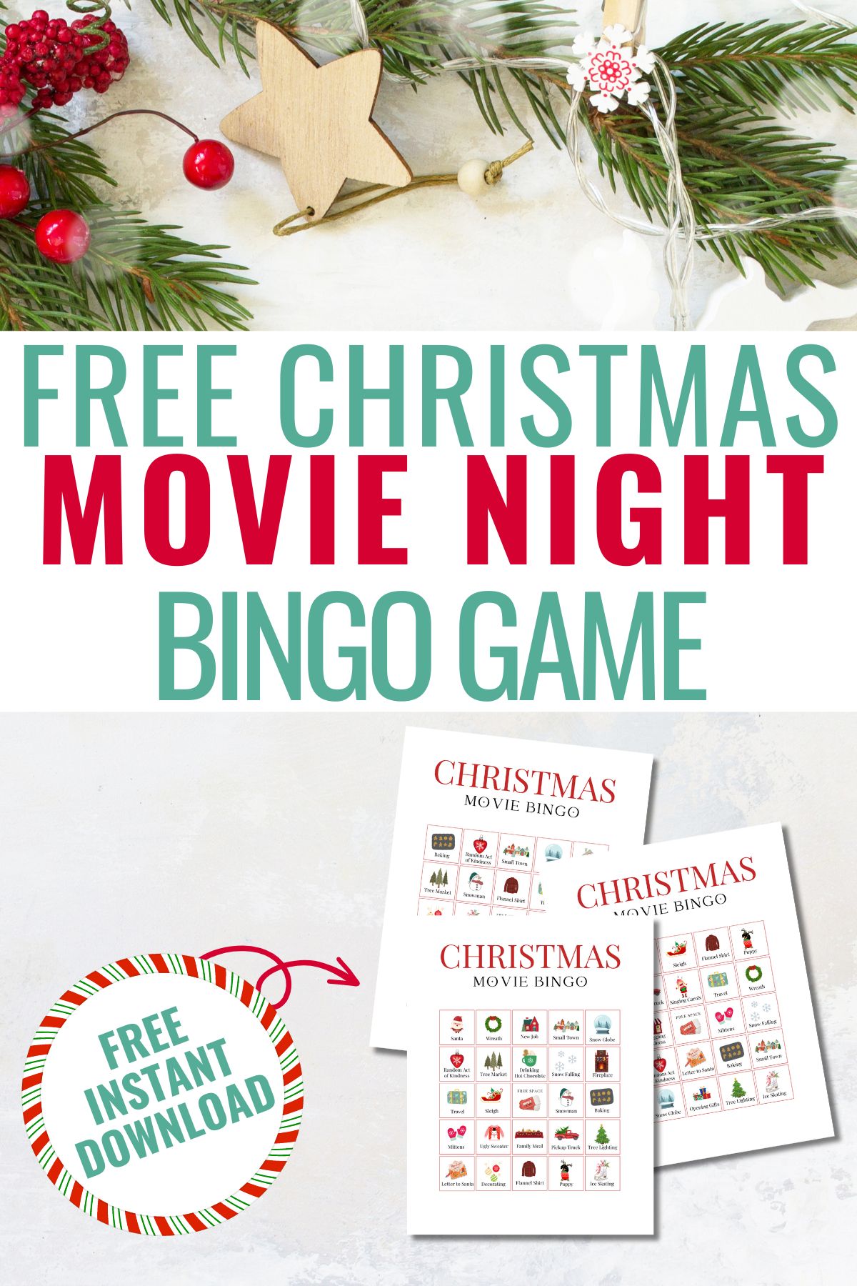 Christmas background with christmas movie bingo cards with text free christmas movie night bingo game