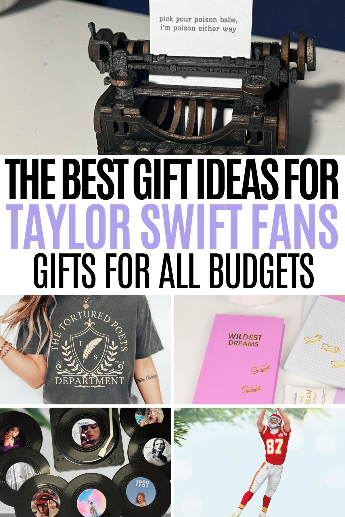 collage of Taylor Swift inspired gifts with text The Best Gift Ideas for Taylor Swift Fans, Gifts for All Budgets